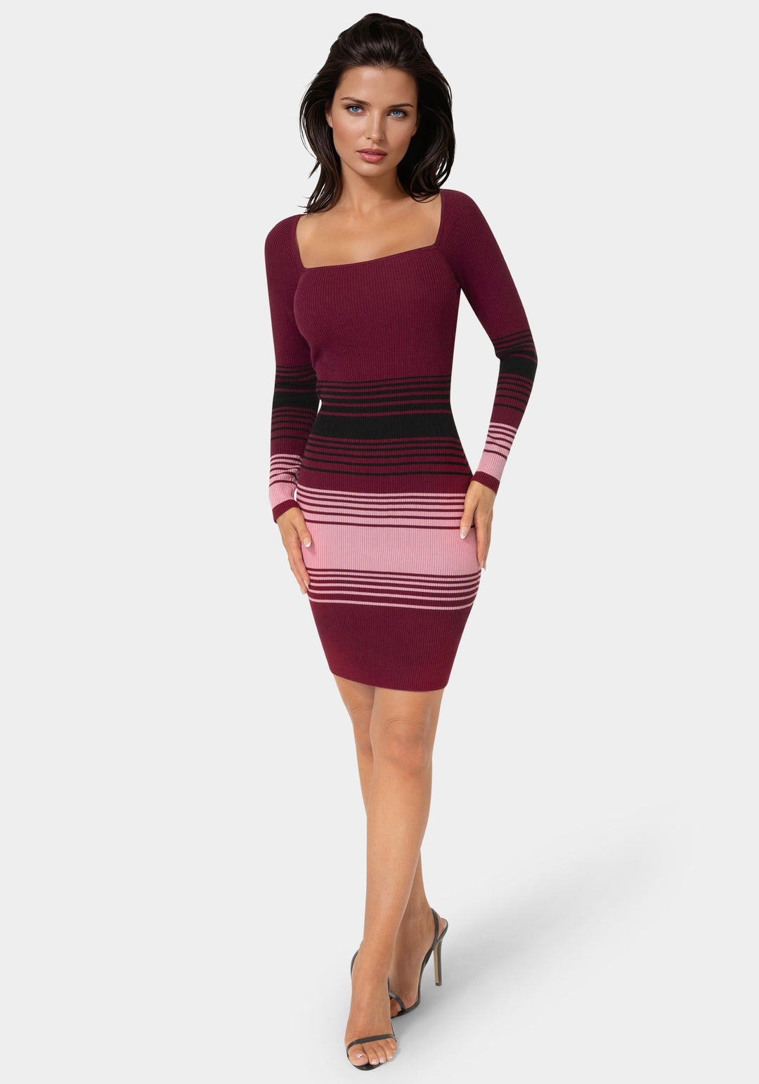 Front View-Stripe Rib Sweater Midi Dress-WINE MULTI