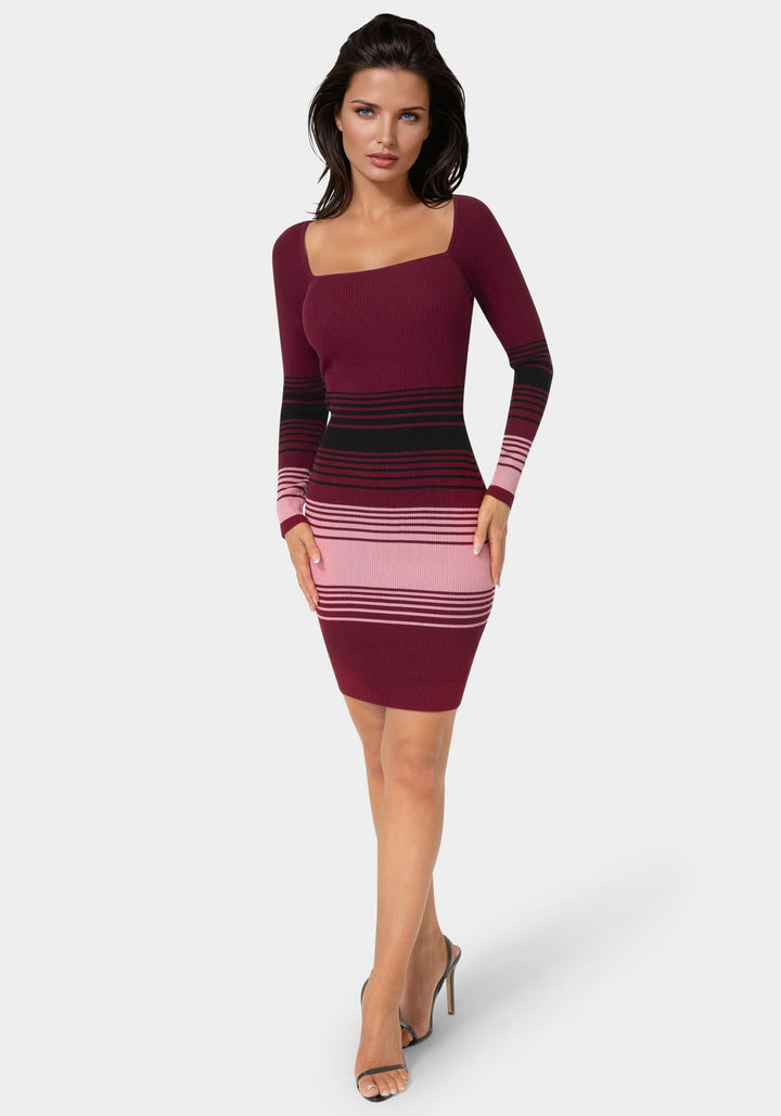 Front View-Stripe Rib Sweater Midi Dress-WINE MULTI