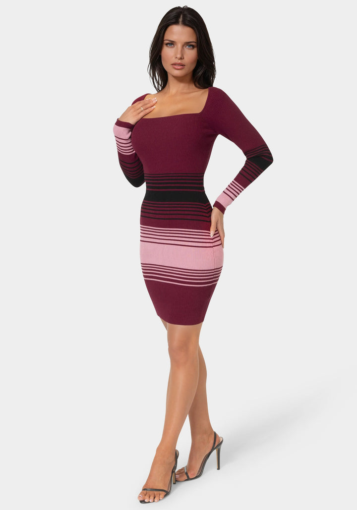 Side View-Stripe Rib Sweater Midi Dress-WINE MULTI