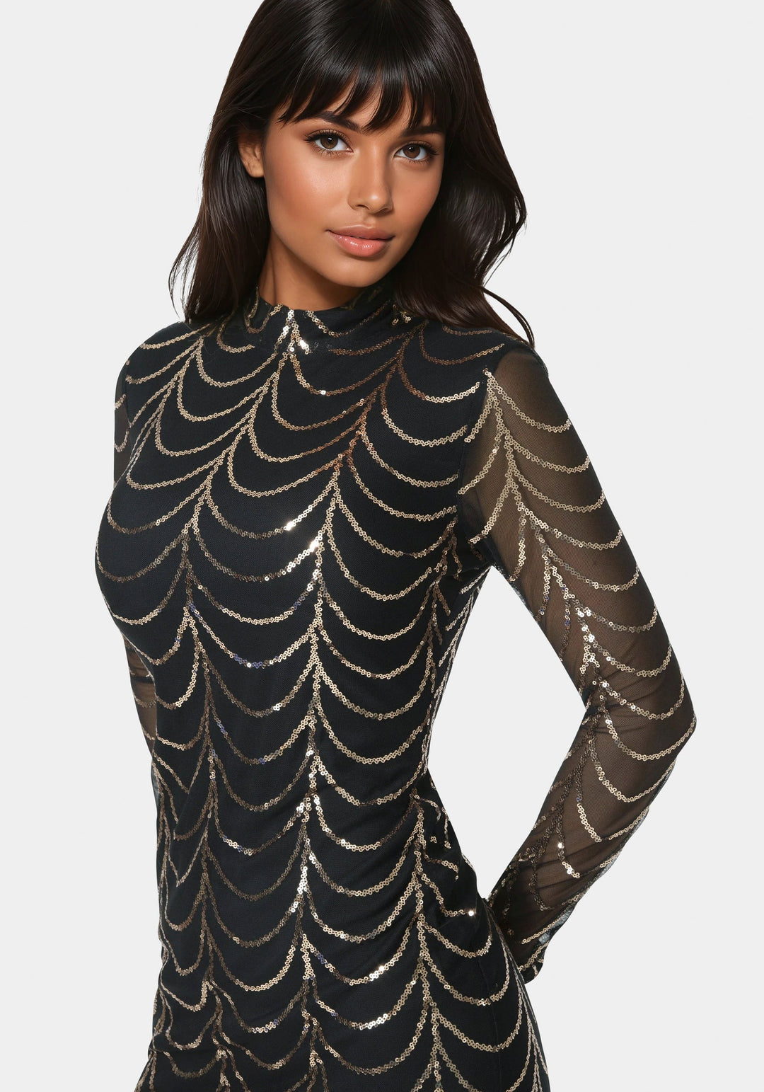 Other View-Long Sleeve Sequins Mesh Mockneck Mini Dress-BLACK/GOLD