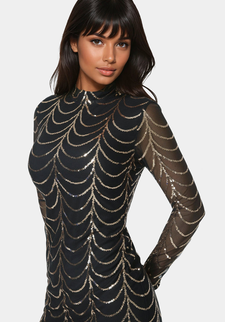 Other View-Long Sleeve Sequins Mesh Mockneck Mini Dress-BLACK/GOLD