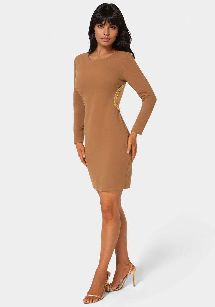 Side View-Long Sleeve Open Back Midi with Rhinestone Trim-MOCHA/GOLD