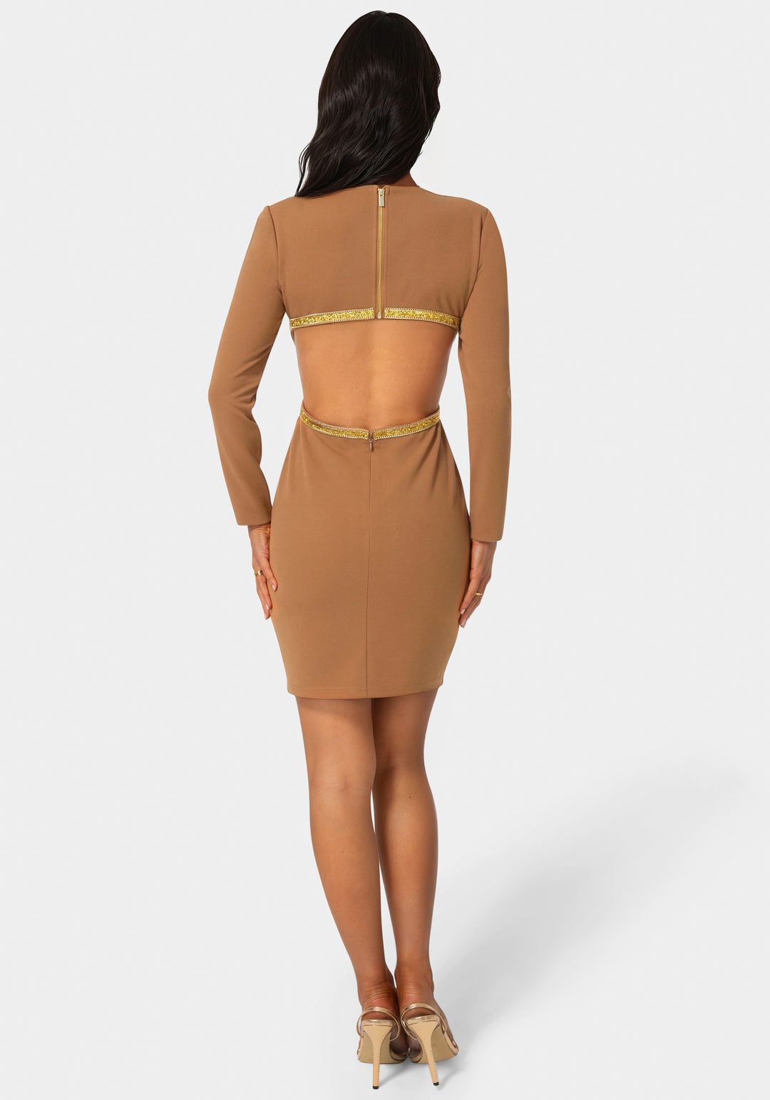 Back View-Long Sleeve Open Back Midi with Rhinestone Trim-MOCHA/GOLD
