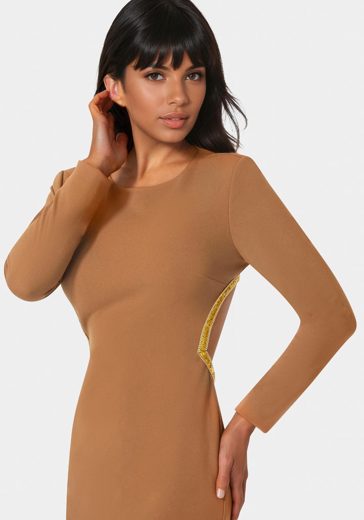 Other View-Long Sleeve Open Back Midi with Rhinestone Trim-MOCHA/GOLD