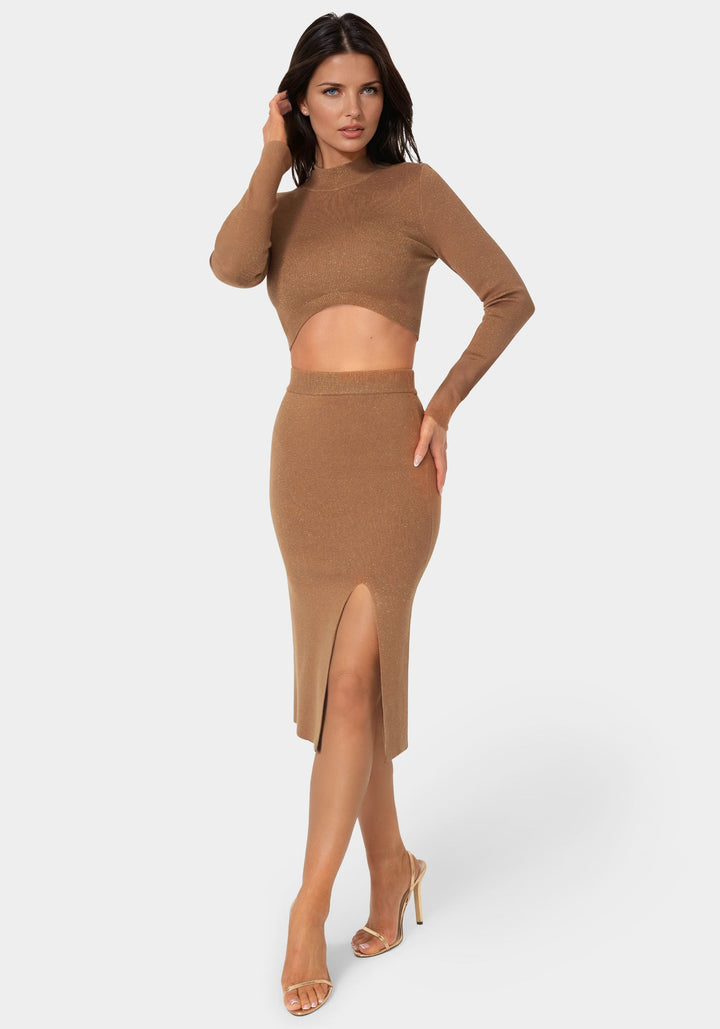Front View-Lurex Rib Cropped Kit Set-CARAMEL