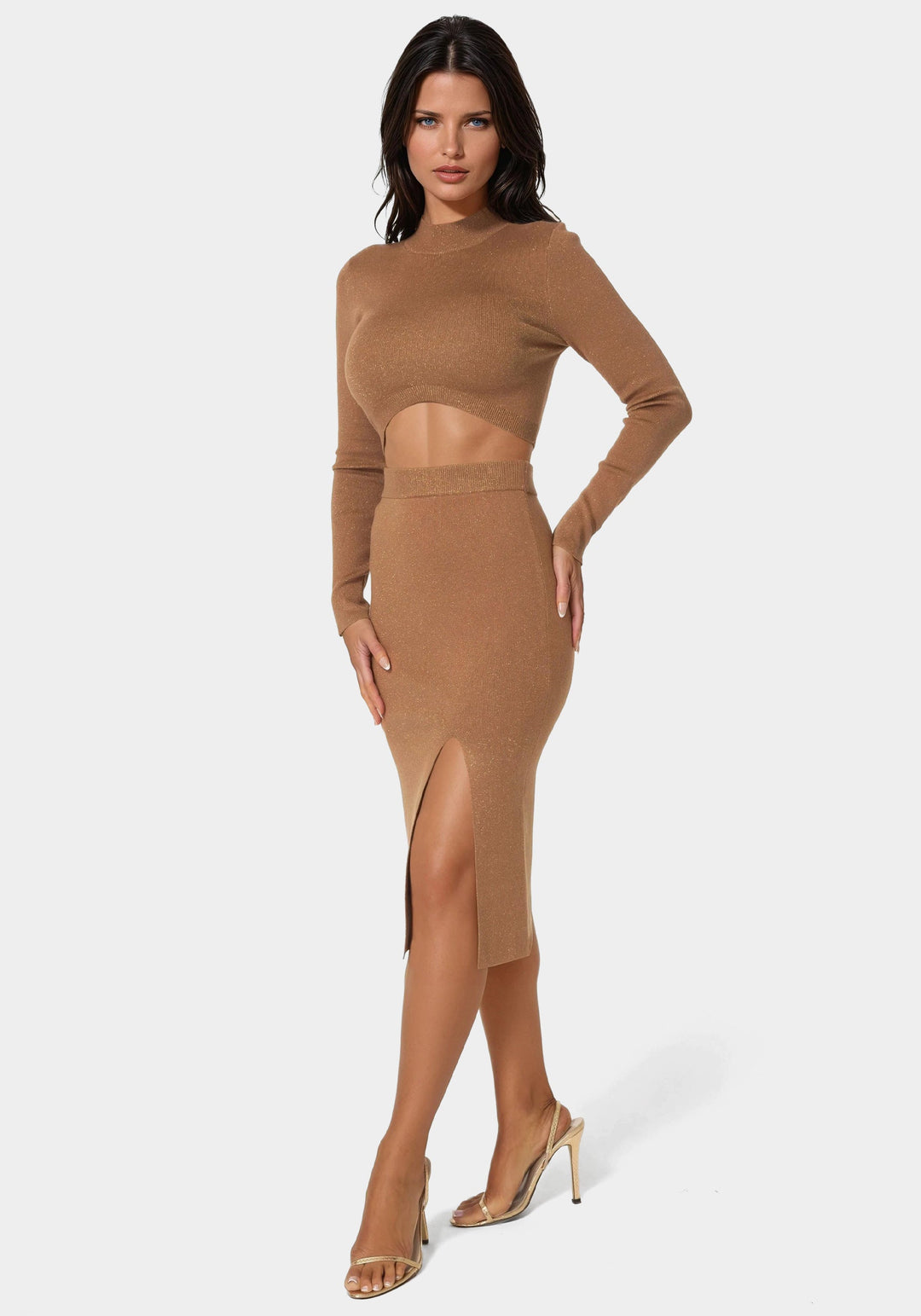 Side View-Lurex Rib Cropped Kit Set-CARAMEL