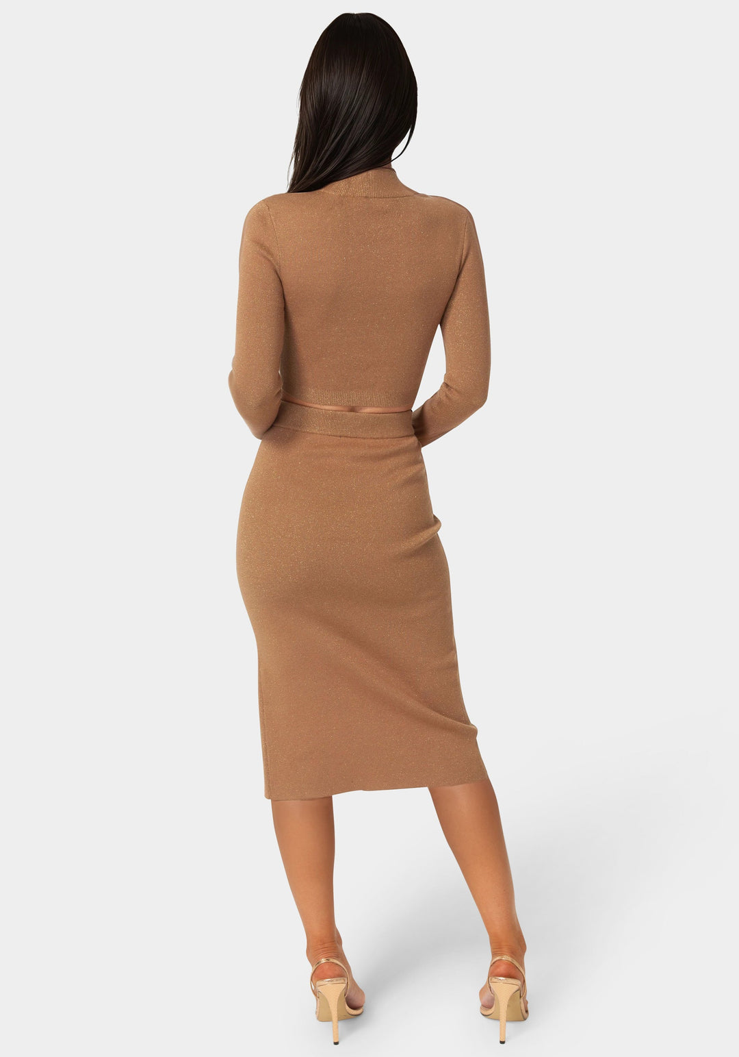 Back View-Lurex Rib Cropped Kit Set-CARAMEL