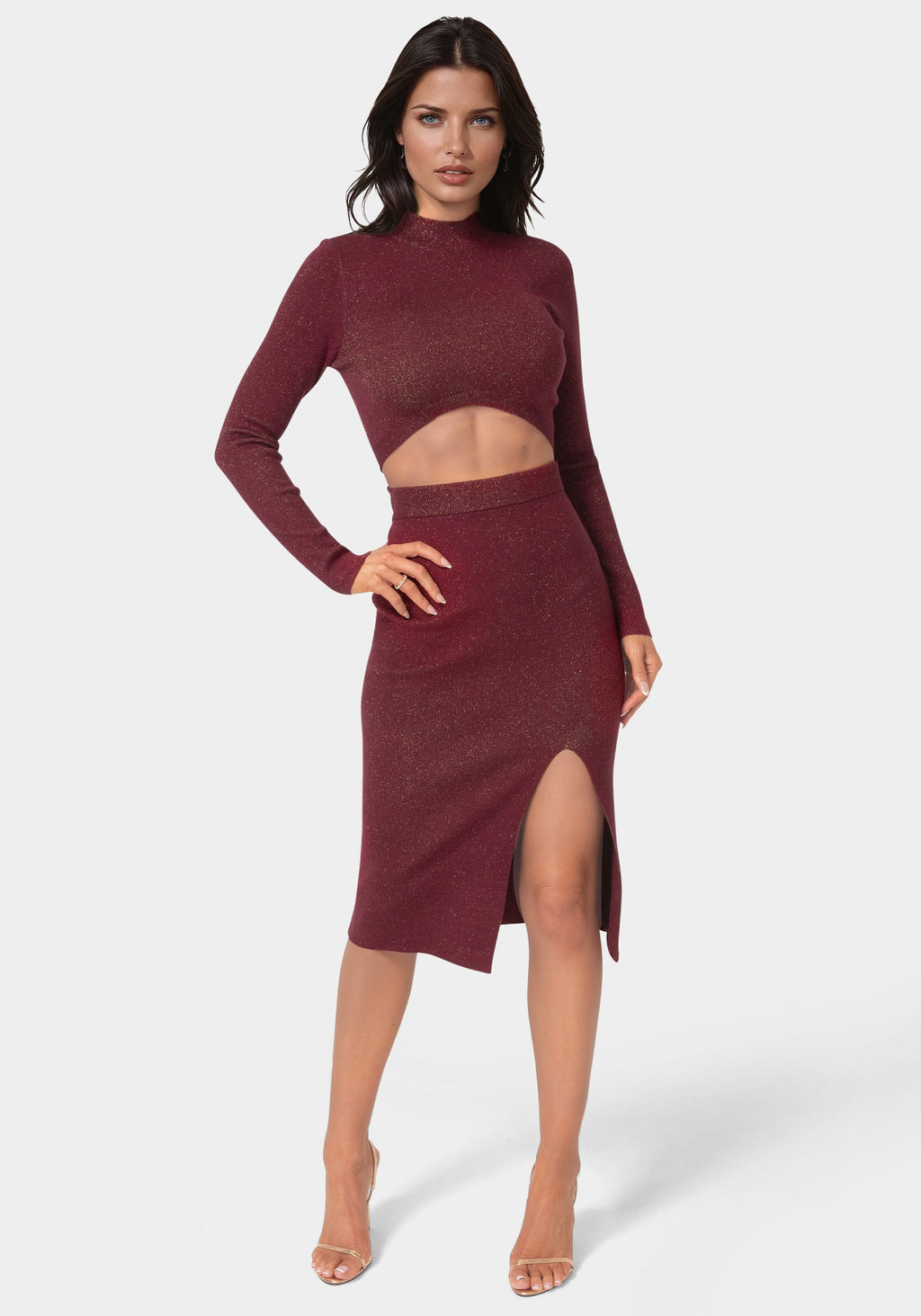 Front View-Lurex Rib Cropped Kit Set-MERLOT