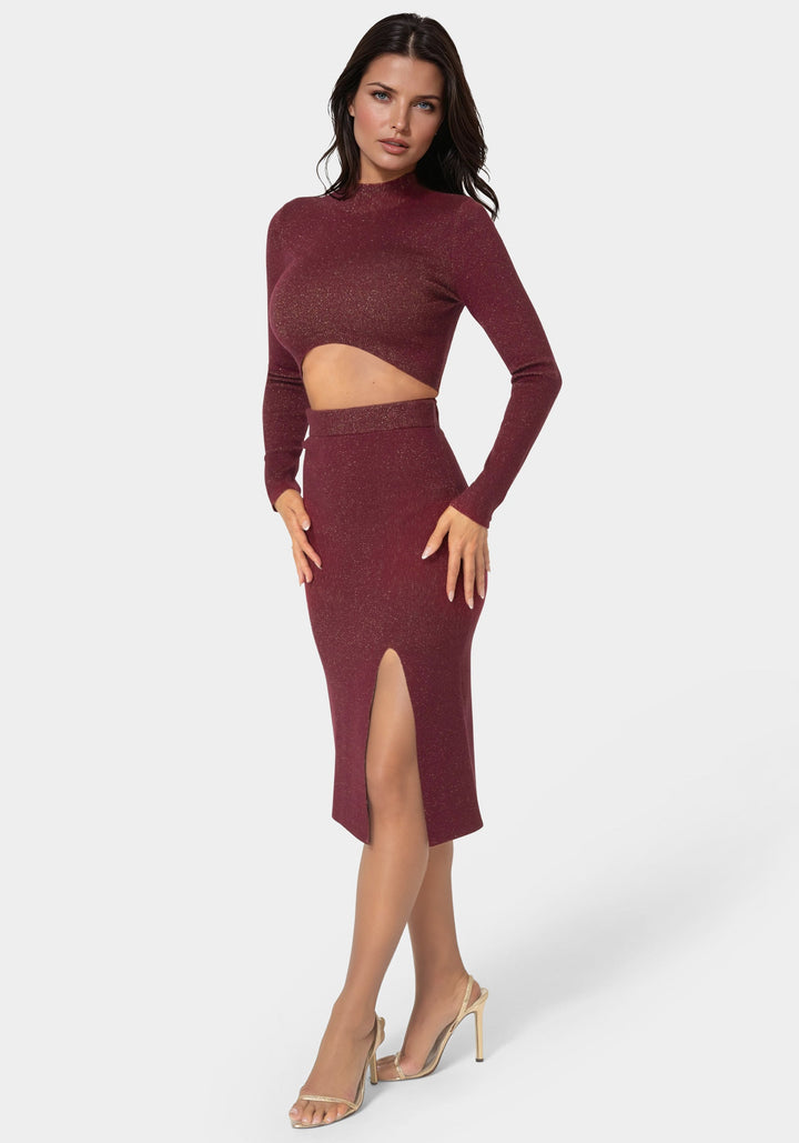 Side View-Lurex Rib Cropped Kit Set-MERLOT