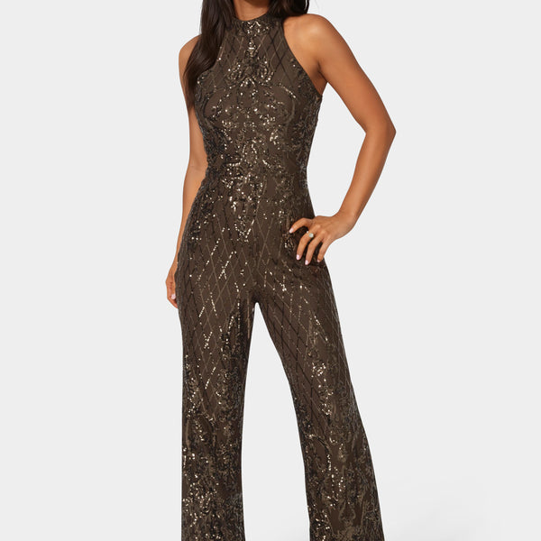 Front View-Sequins Halter Jumpsuit-CHOCOLATE
