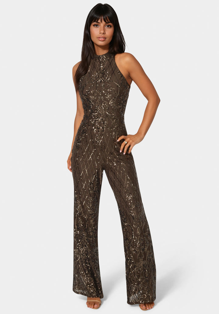 Front View-Sequins Halter Jumpsuit-CHOCOLATE