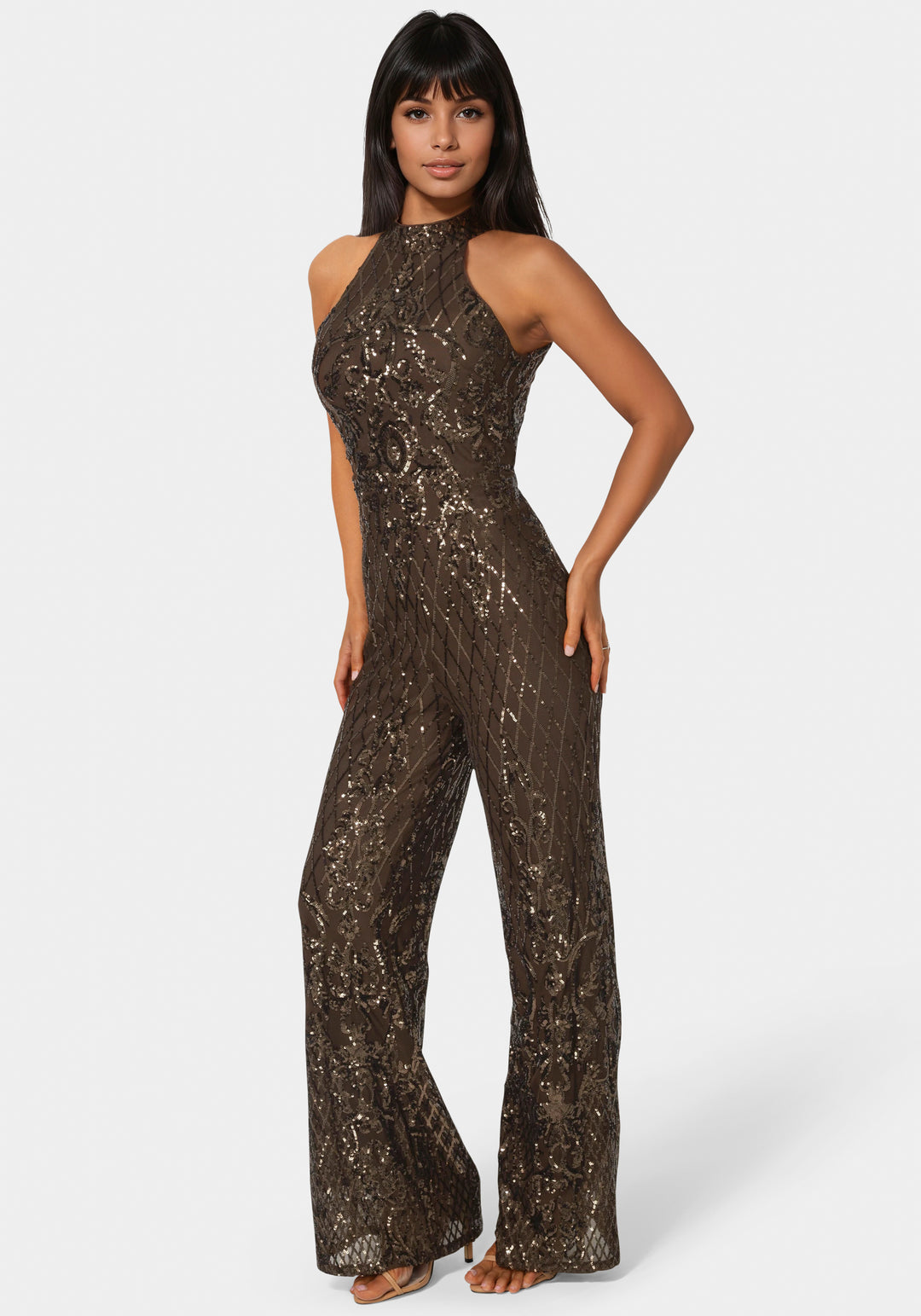 Side View-Sequins Halter Jumpsuit-CHOCOLATE
