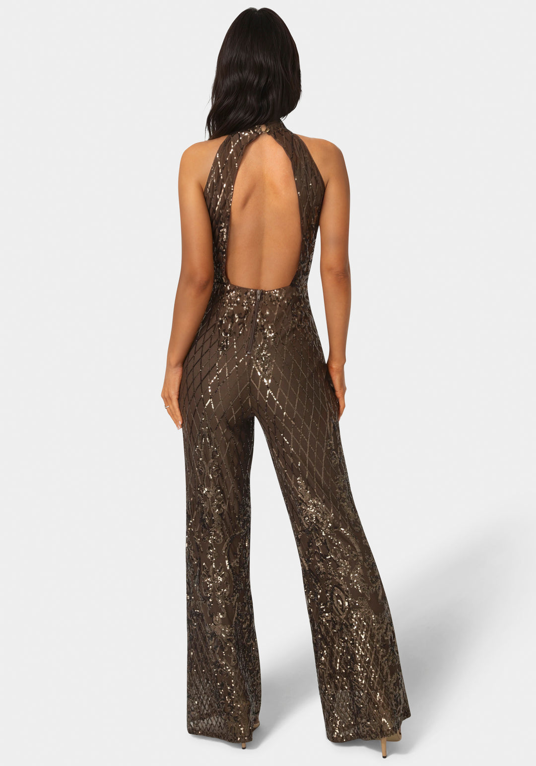 Back View-Sequins Halter Jumpsuit-CHOCOLATE