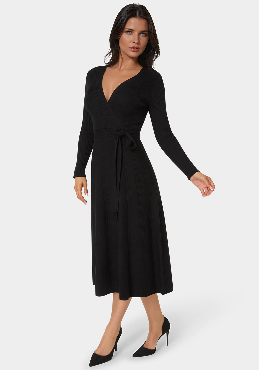 Bebe Women's Fit and Flare Midi Sweater Dress - Black Bebe Women's Fit and Flare Midi Sweater Dress - Black