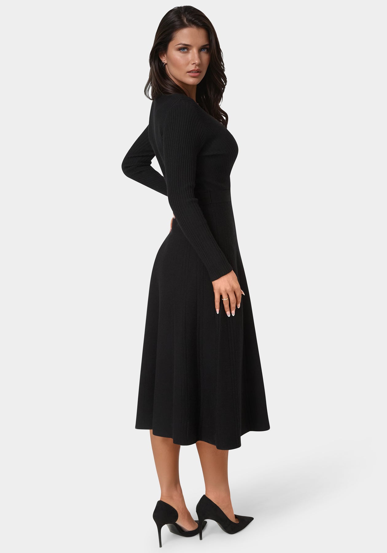 Bebe Women's Fit and Flare Midi Sweater Dress - Black Bebe Women's Fit and Flare Midi Sweater Dress - Black