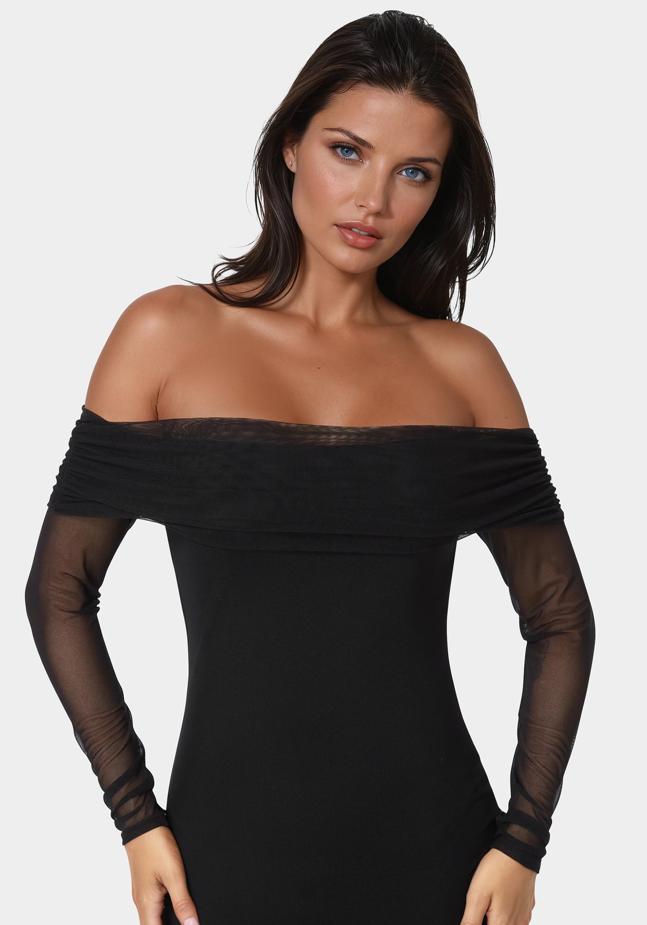 Long Sleeve Off the Shoulder Mesh Maxi Dress bebe Long Sleeve Off the Shoulder Mesh Maxi Dress bebe