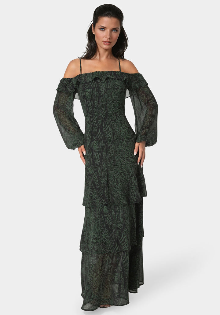 Front View-Long Sleeve Off the Shoulder Tiered Maxi Dress-EVERGREEN