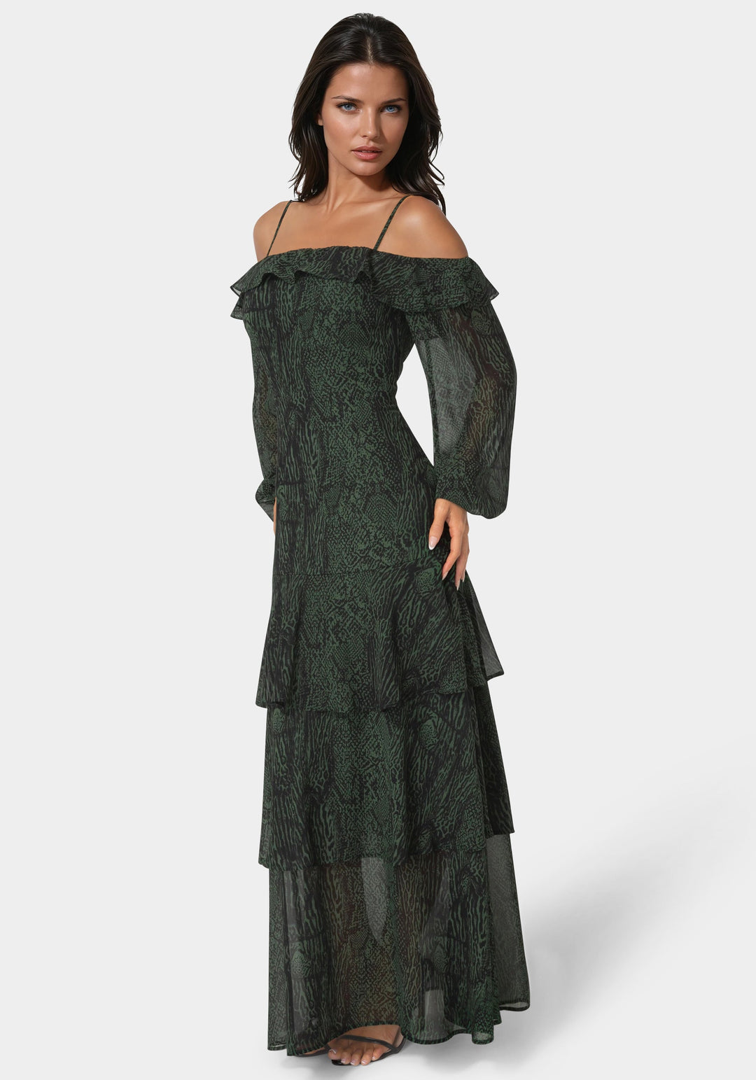Side View-Long Sleeve Off the Shoulder Tiered Maxi Dress-EVERGREEN
