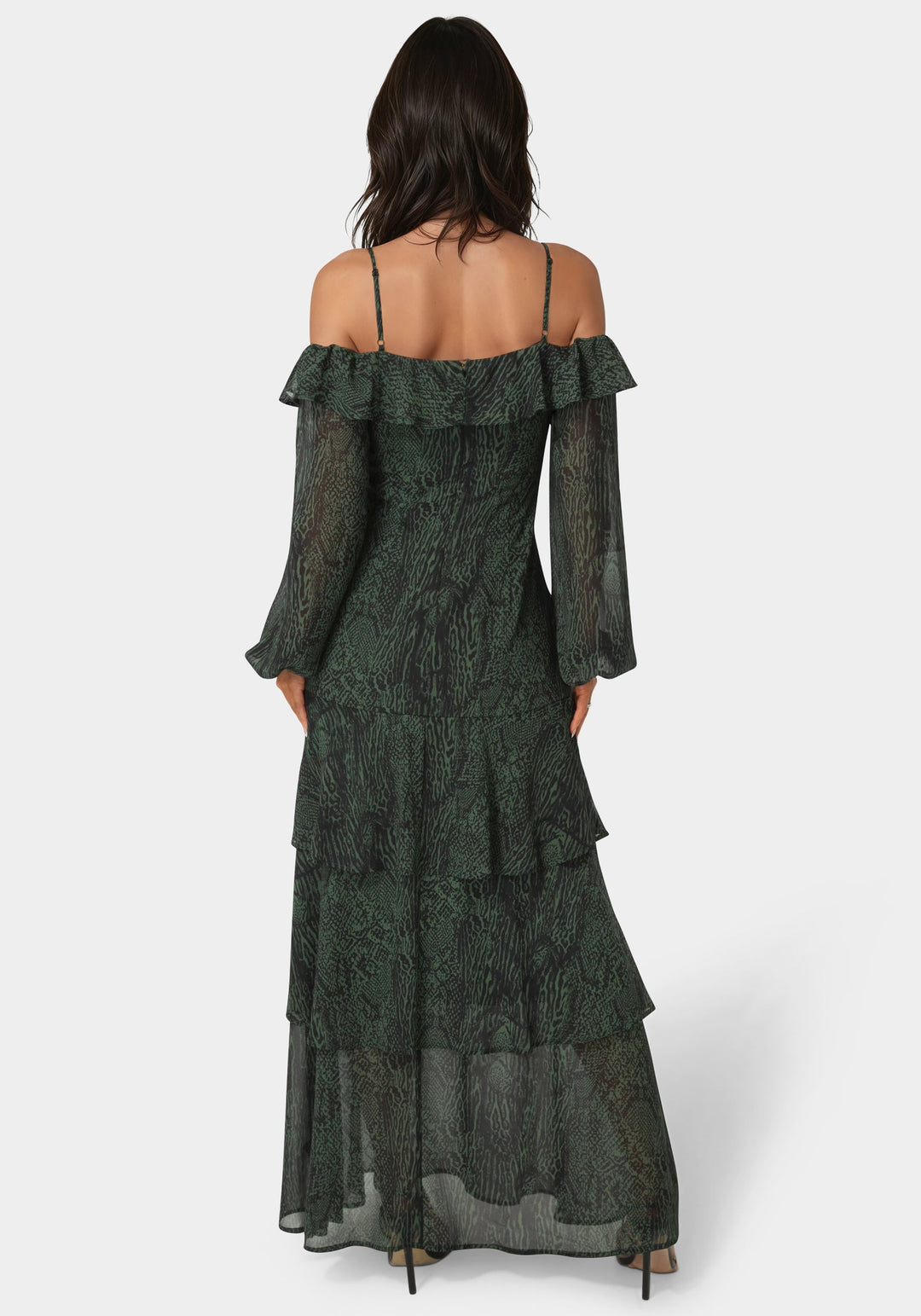 Back View-Long Sleeve Off the Shoulder Tiered Maxi Dress-EVERGREEN