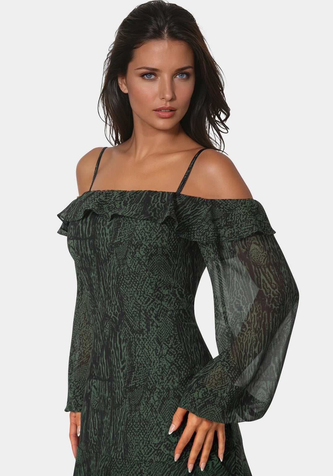 Other View-Long Sleeve Off the Shoulder Tiered Maxi Dress-EVERGREEN