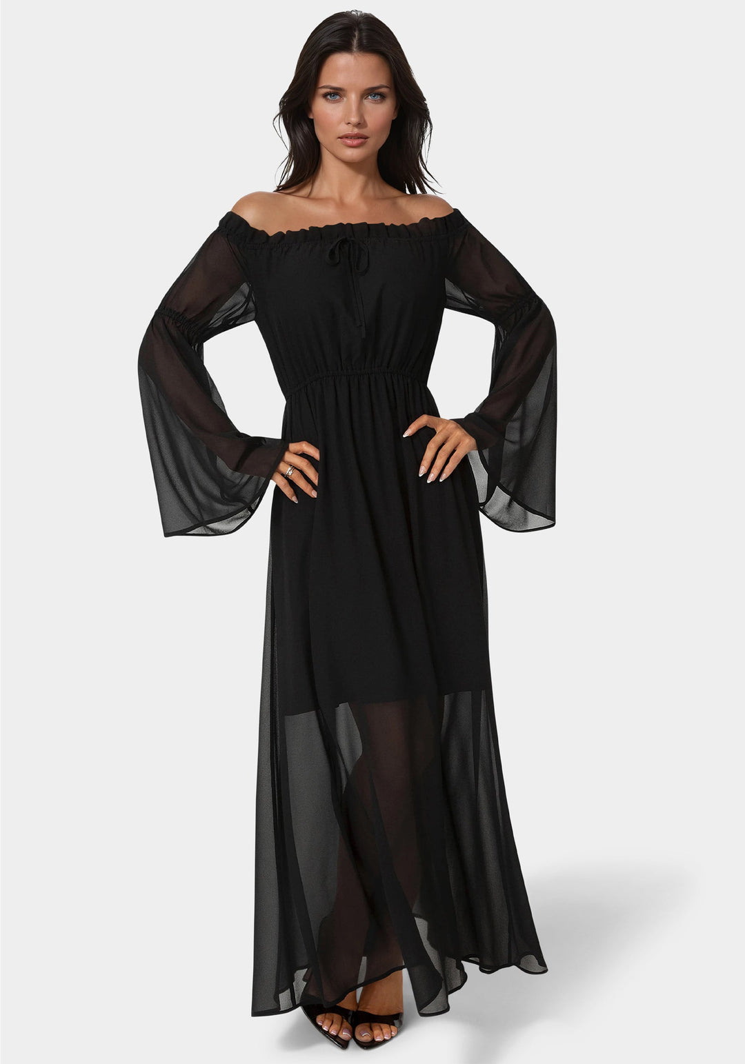 Front View-Off the Shoulder Bell Sleeve Maxi Dress-BLACK