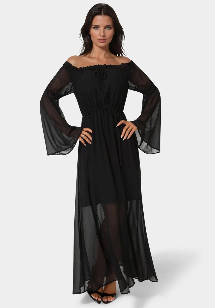 Front View-Off the Shoulder Bell Sleeve Maxi Dress-BLACK