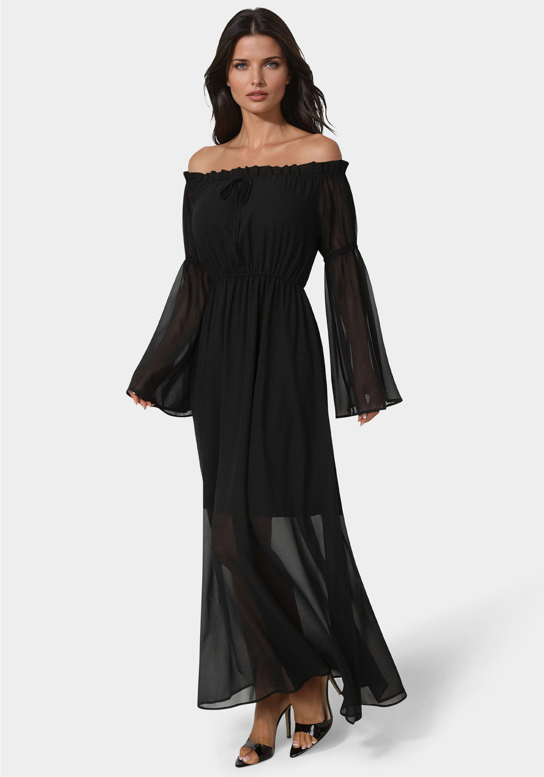 Side View-Off the Shoulder Bell Sleeve Maxi Dress-BLACK