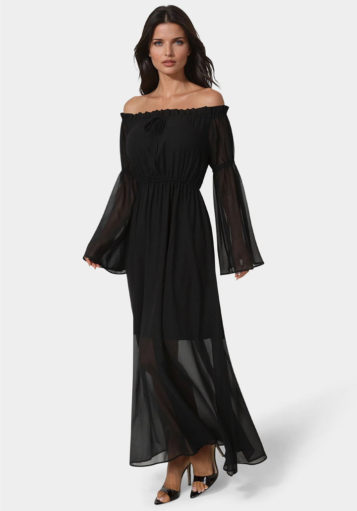 Side View-Off the Shoulder Bell Sleeve Maxi Dress-BLACK