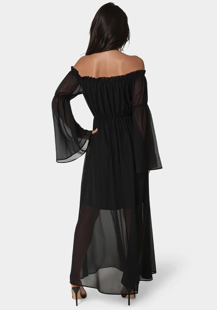 Back View-Off the Shoulder Bell Sleeve Maxi Dress-BLACK