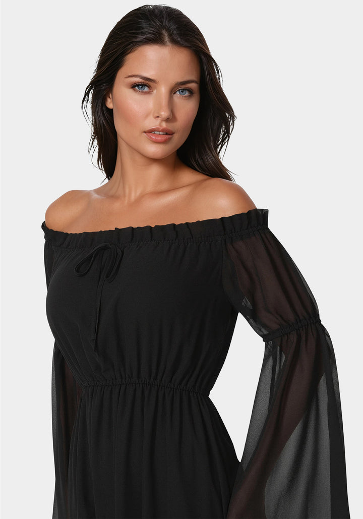 Other View-Off the Shoulder Bell Sleeve Maxi Dress-BLACK
