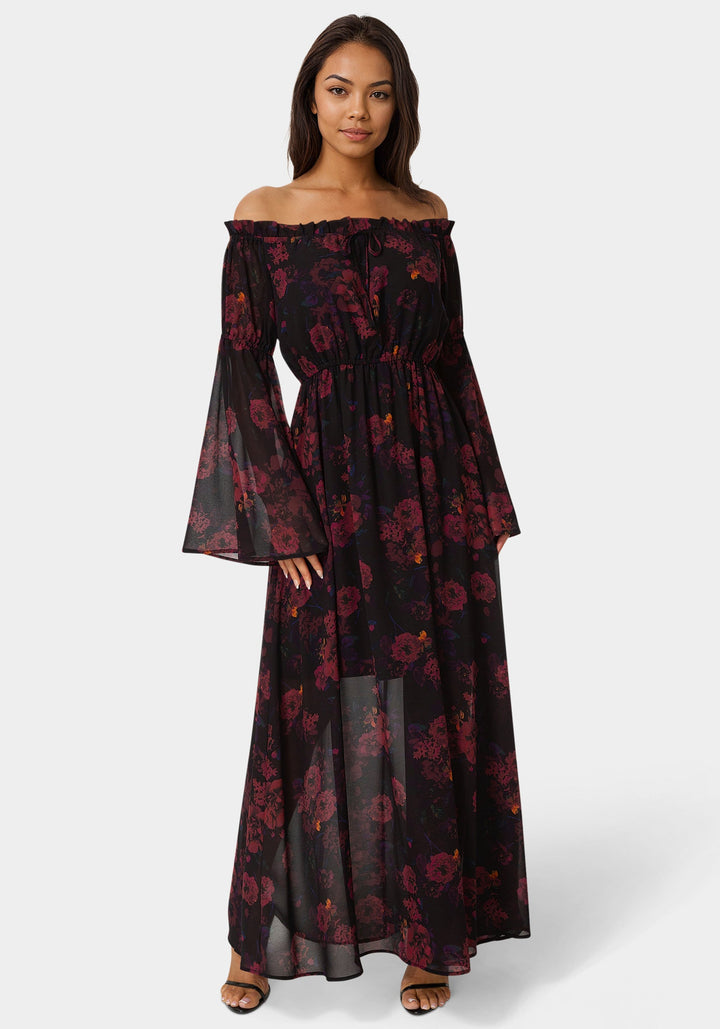 Front View-Off the Shoulder Bell Sleeve Maxi Dress-DARK RED