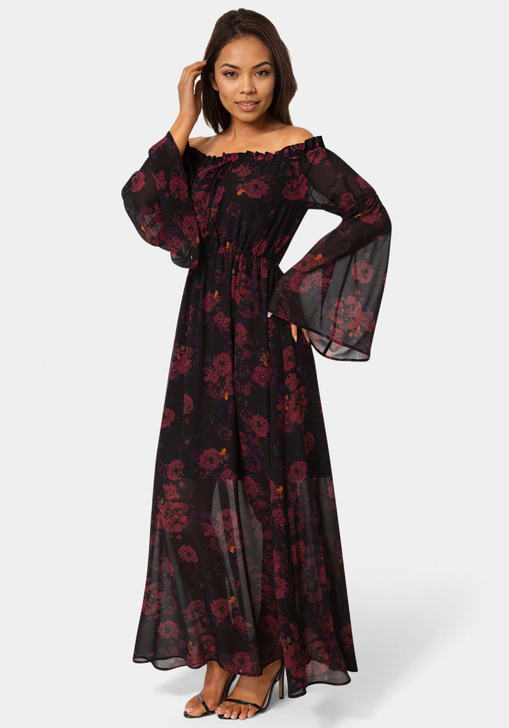 Side View-Off the Shoulder Bell Sleeve Maxi Dress-DARK RED