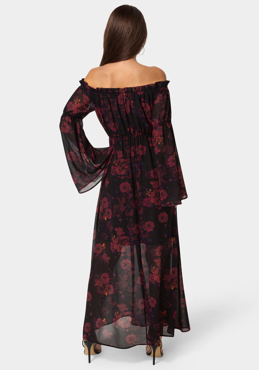Back View-Off the Shoulder Bell Sleeve Maxi Dress-DARK RED
