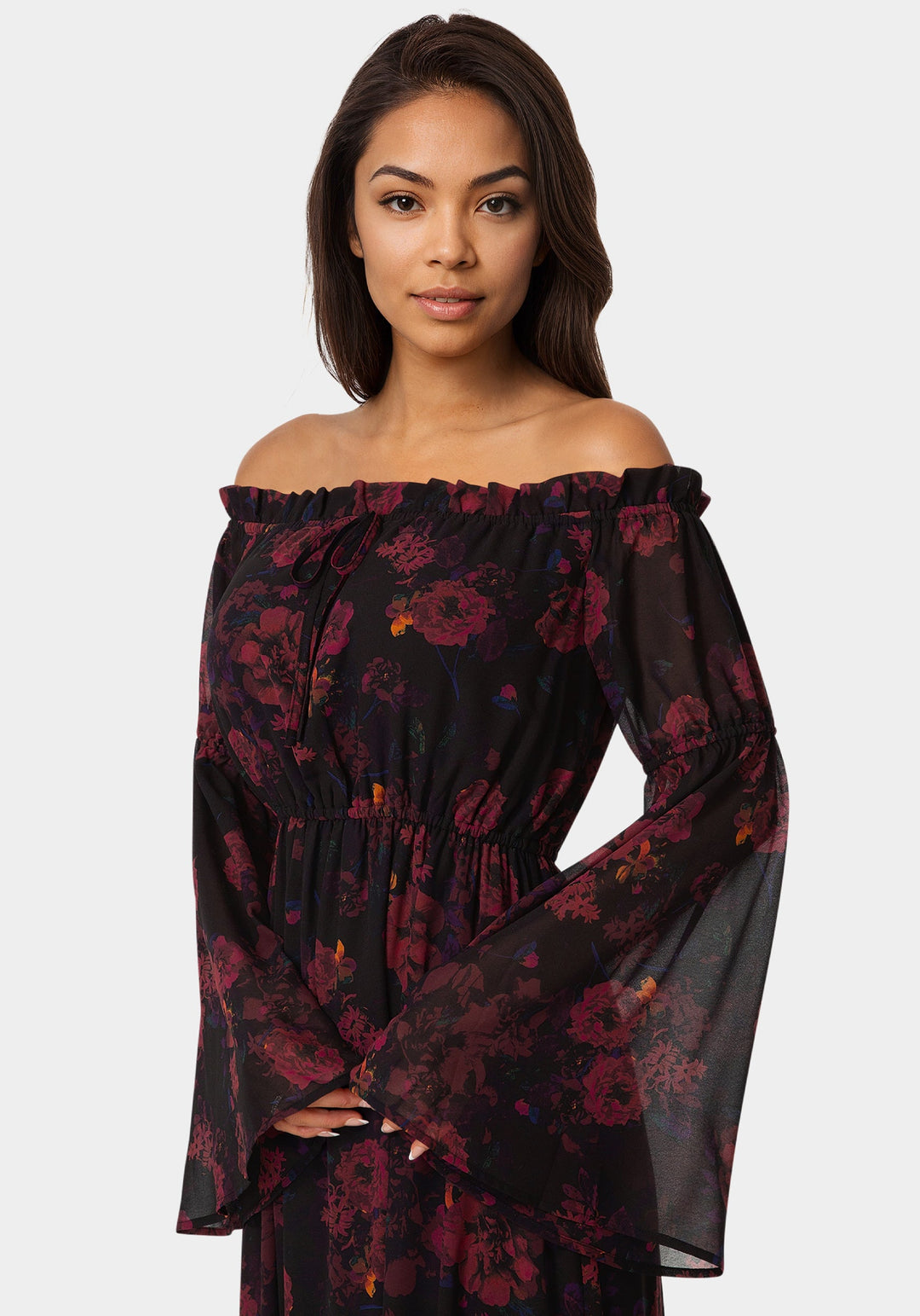 Other View-Off the Shoulder Bell Sleeve Maxi Dress-DARK RED