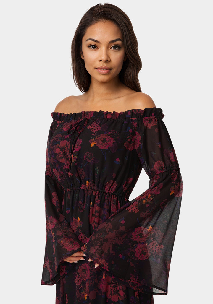 Other View-Off the Shoulder Bell Sleeve Maxi Dress-DARK RED