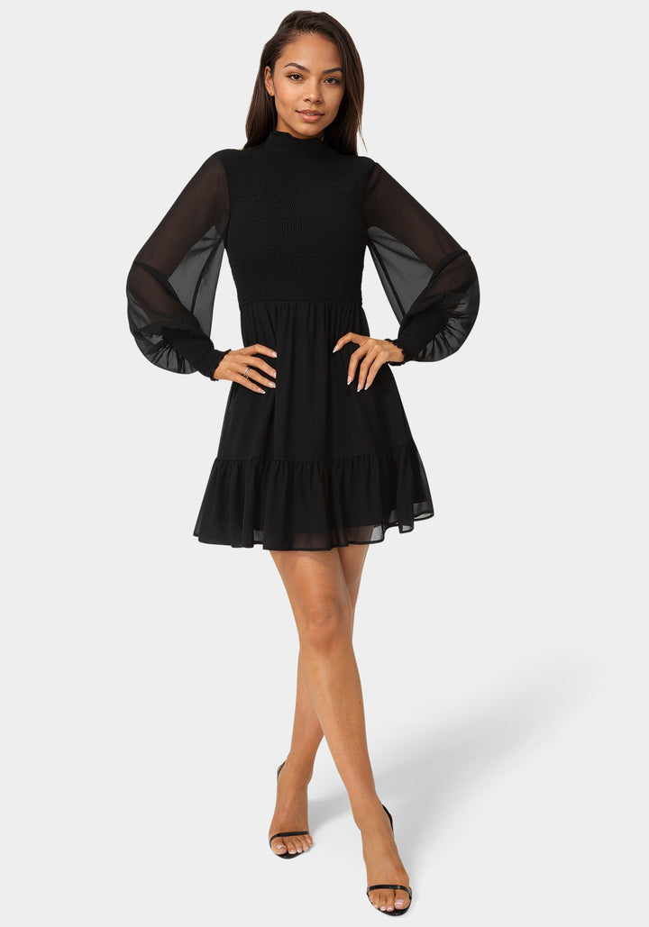Front View-Long Sleeve Mock Neck Chifon Smocked Mini Dress-BLACK