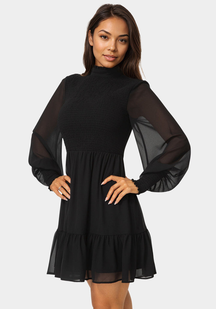 Side View-Long Sleeve Mock Neck Chifon Smocked Mini Dress-BLACK