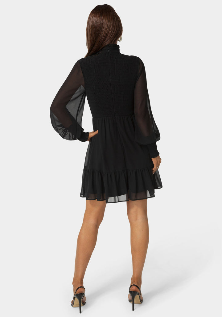 Back View-Long Sleeve Mock Neck Chifon Smocked Mini Dress-BLACK