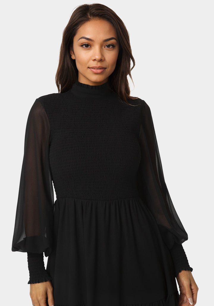 Other View-Long Sleeve Mock Neck Chifon Smocked Mini Dress-BLACK