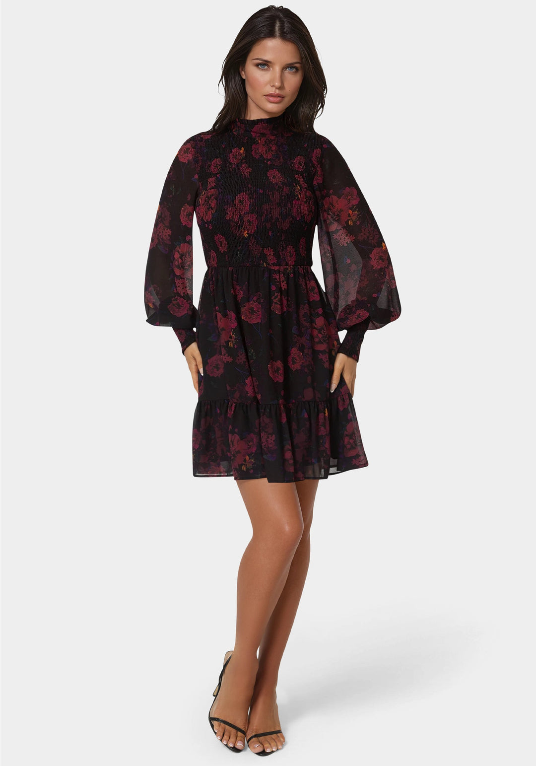 Front View-Long Sleeve Mock Neck Chifon Smocked Mini Dress-DARK RED