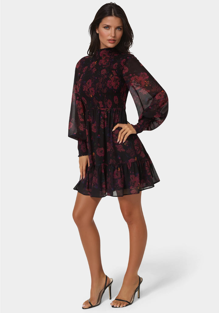 Side View-Long Sleeve Mock Neck Chifon Smocked Mini Dress-DARK RED