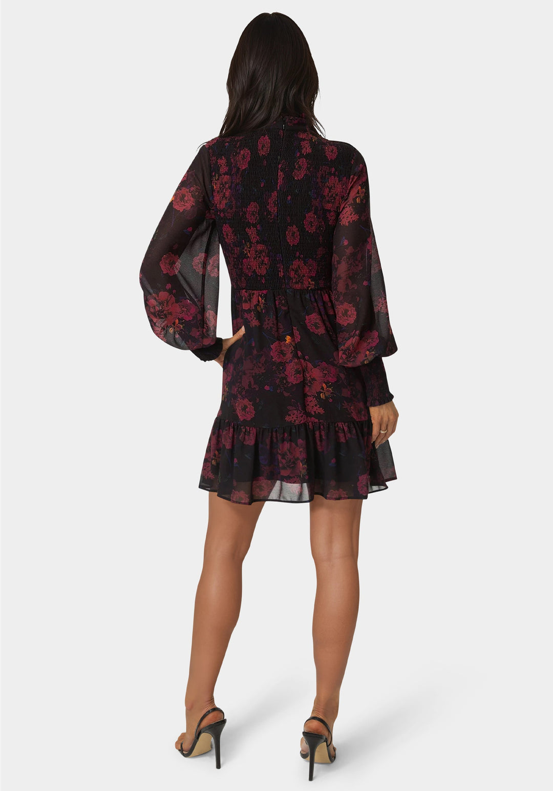 Back View-Long Sleeve Mock Neck Chifon Smocked Mini Dress-DARK RED
