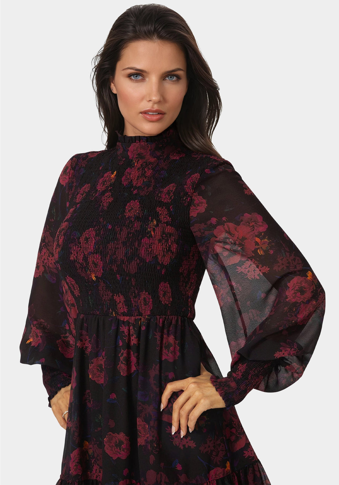 Other View-Long Sleeve Mock Neck Chifon Smocked Mini Dress-DARK RED