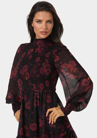 Other View-Long Sleeve Mock Neck Chifon Smocked Mini Dress-DARK RED