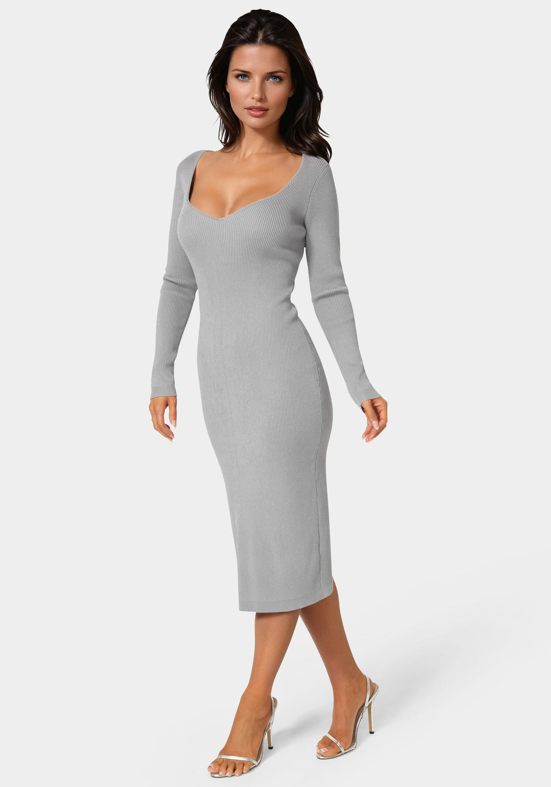 Side View-Long Sleeve V-Neck Midi Sweater Dress-HEATHER GREY