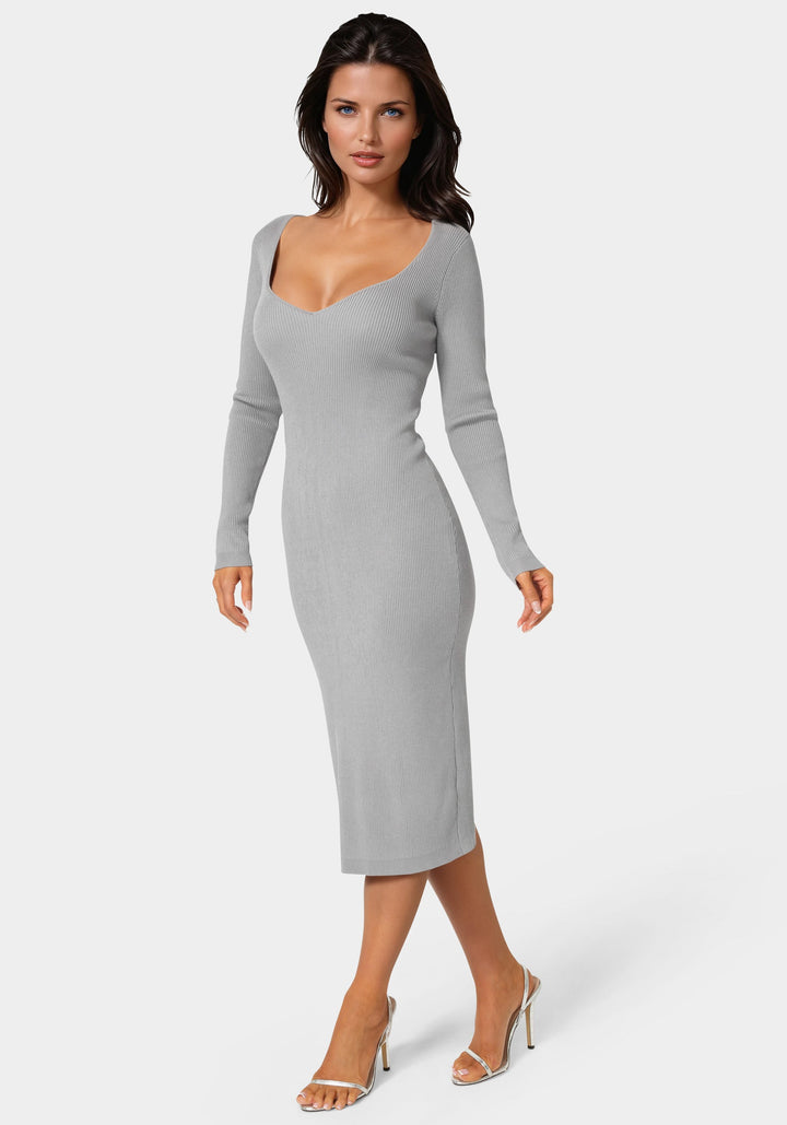 Side View-Long Sleeve V-Neck Midi Sweater Dress-HEATHER GREY