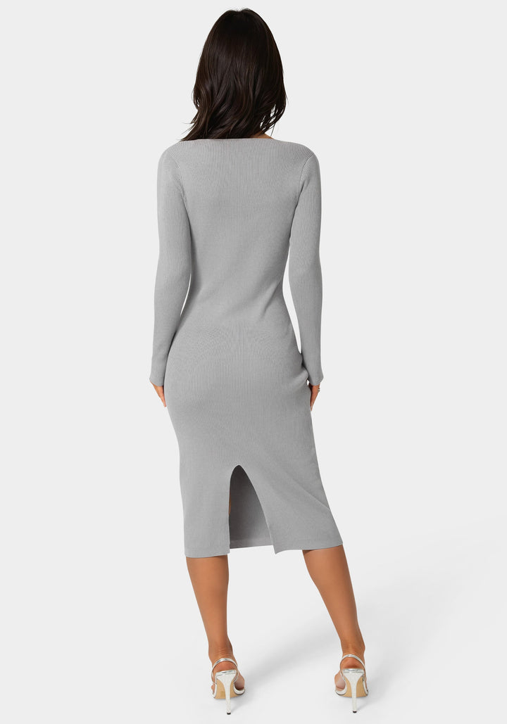 Back View-Long Sleeve V-Neck Midi Sweater Dress-HEATHER GREY