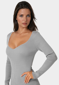 Other View-Long Sleeve V-Neck Midi Sweater Dress-HEATHER GREY