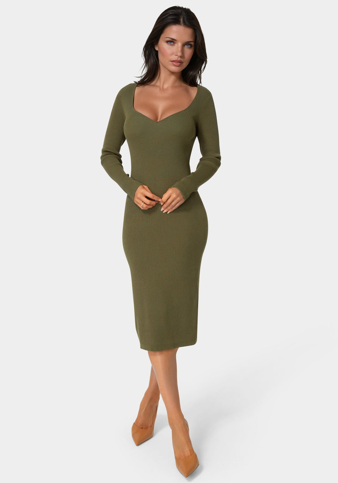 Front View-Long Sleeve V-Neck Midi Sweater Dress-OLIVE