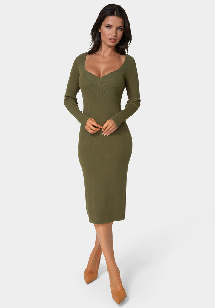 Front View-Long Sleeve V-Neck Midi Sweater Dress-OLIVE